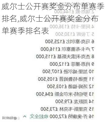 威尔士公开赛奖金分布单赛季排名,威尔士公开赛奖金分布单赛季排名表